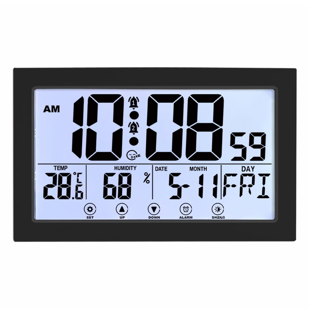Auto Set Digital Wall Clock Battery Operated,Desk Clocks with Temperature,Humidity ， Display Digital Calendar Alarm Clock for Elderly,Bedroom,Office,black，G165466 black