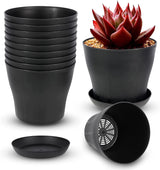 Tutuviw 4 inch Plant Pots,Plastic Planters with Drainage Holes and Saucers for Flowers Plants, Succulents,Seed Starting Pots, Black，8Pack 4inch-Black