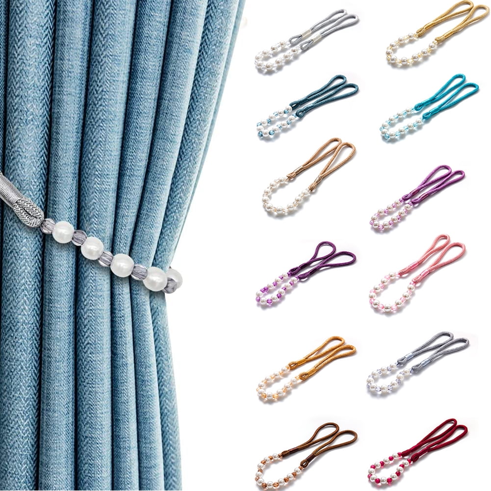 Visland 2 Pack Acrylic Pearl Curtain Tie Backs Curtain Hooks, Elegant Beads Curtain Rope Straps, Decorative Holdbacks Curtain Holders, 29in Lake Blue