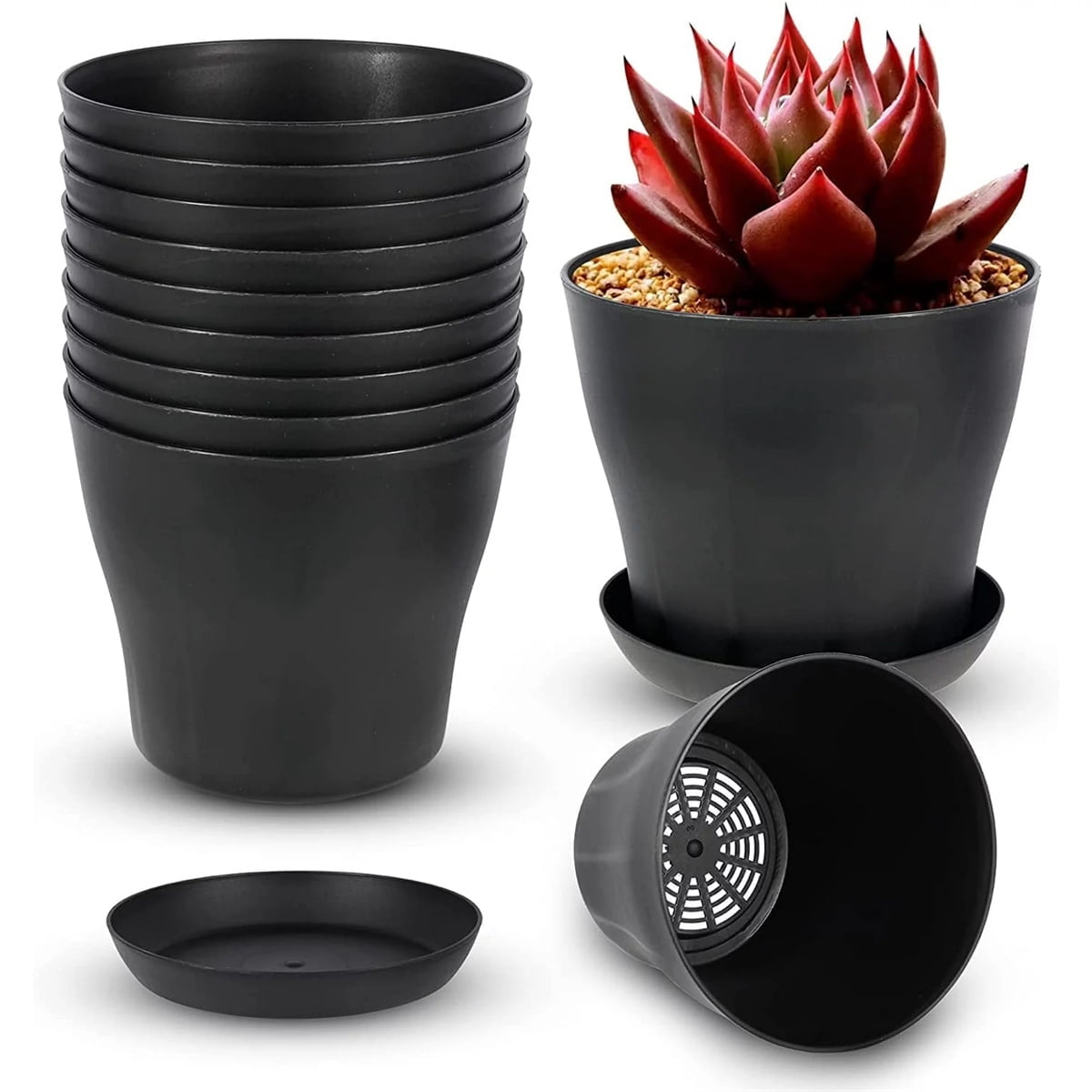 Pots for Plants, 8 Pack 4.8 inch Plastic Planters with Multiple Drainage Holes and Trays - Plant Pots for All Home Garden Flowers Succulents (White) 4.8inch-Black1