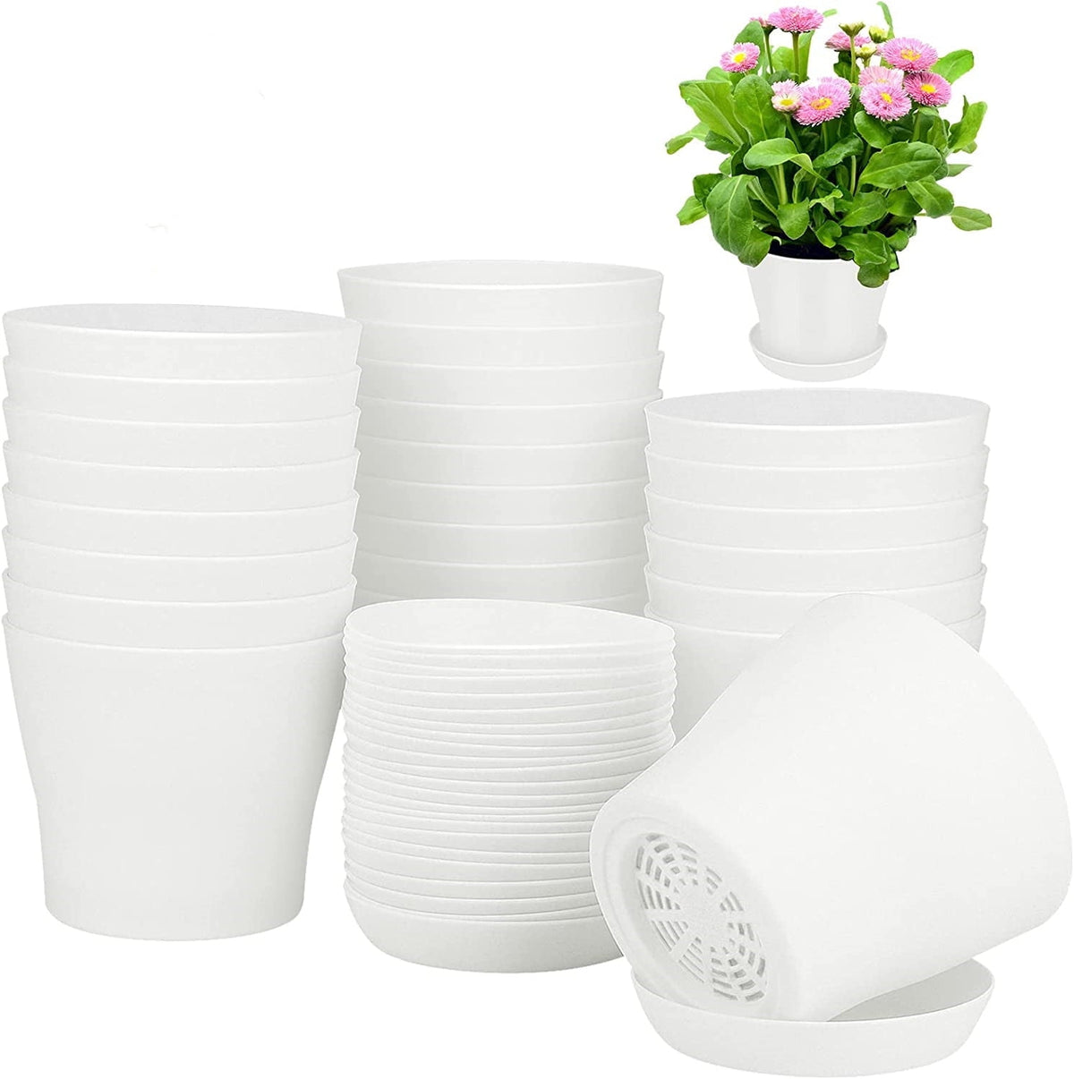 Pots for Plants, 8 Pack 4.8 inch Plastic Planters with Multiple Drainage Holes and Trays - Plant Pots for All Home Garden Flowers Succulents (White) 4.8inch-White