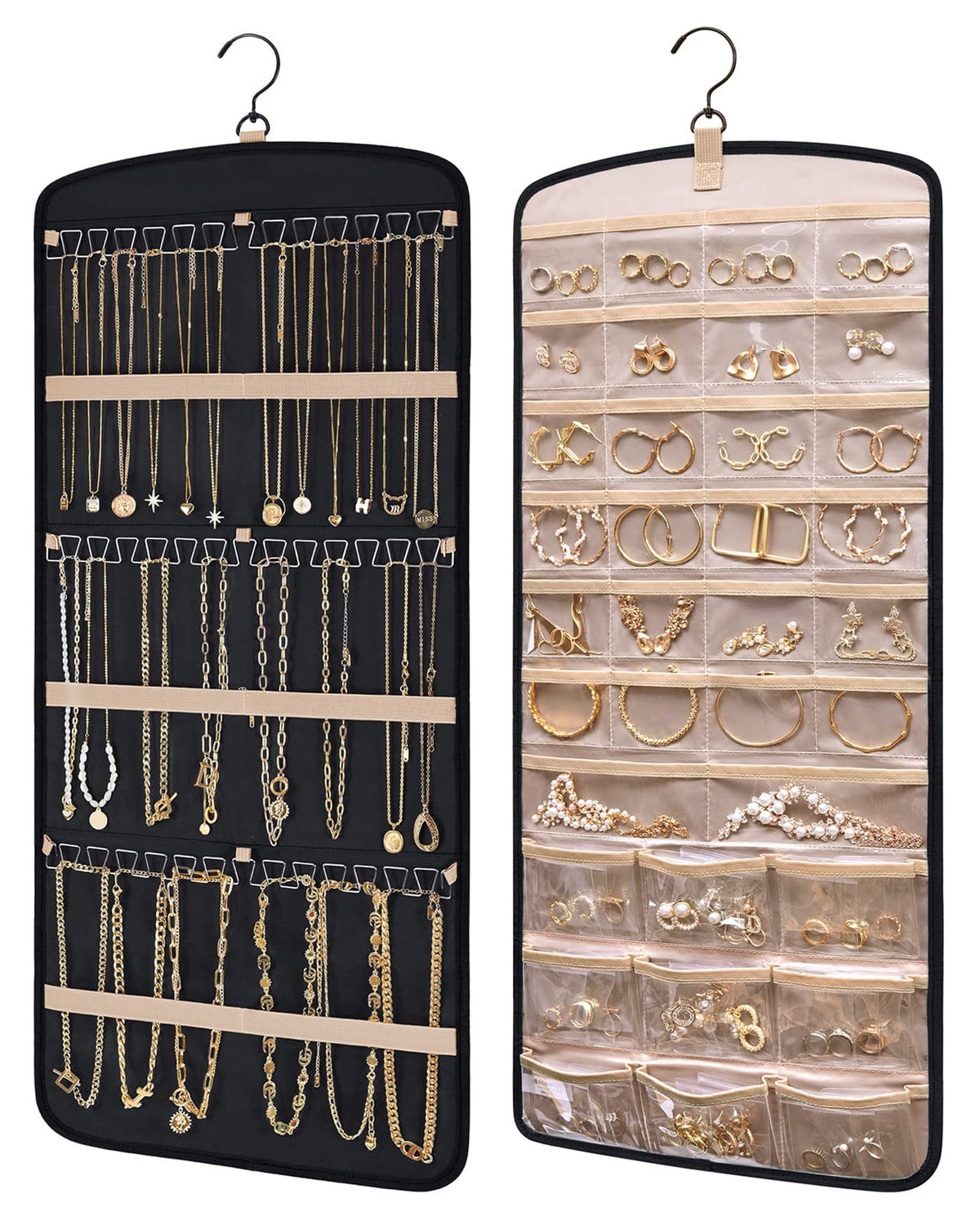 Hanging Jewelry Organizer Necklace Holder Anti-tangle Earrings Rings Hanger with 20 Jewelry Bags Travel Storage Roll with Pockets Hang on Closet, Wall, Door,1 Piece, Large, Black