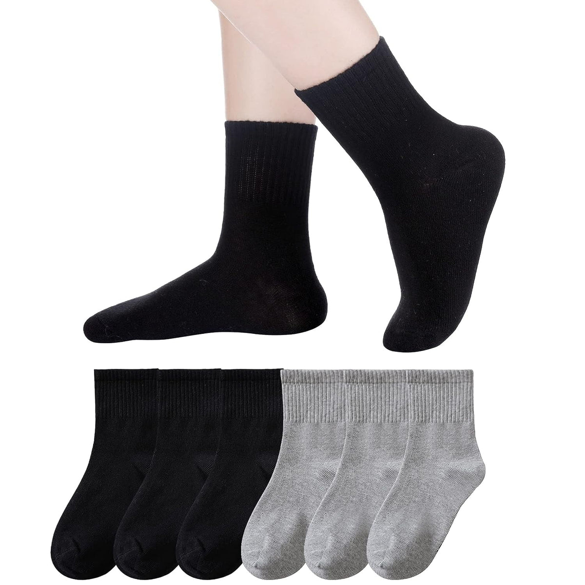 Holzlrgus Kids Athletic Crew Socks Boys Girls Cotton School Uniform Casual Basic Socks 6 Pairs 9 - 12 Years Black + Gray