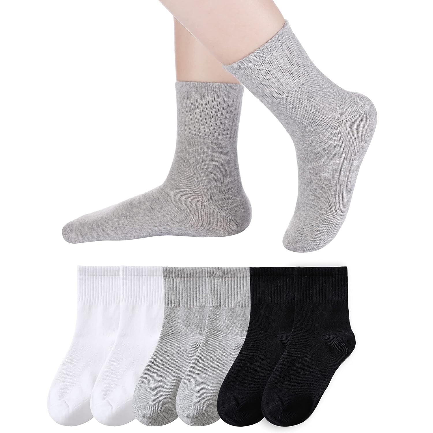Holzlrgus Kids Athletic Crew Socks Boys Girls Cotton School Uniform Casual Basic Socks 6 Pairs 3-5T Black+ White + Grey
