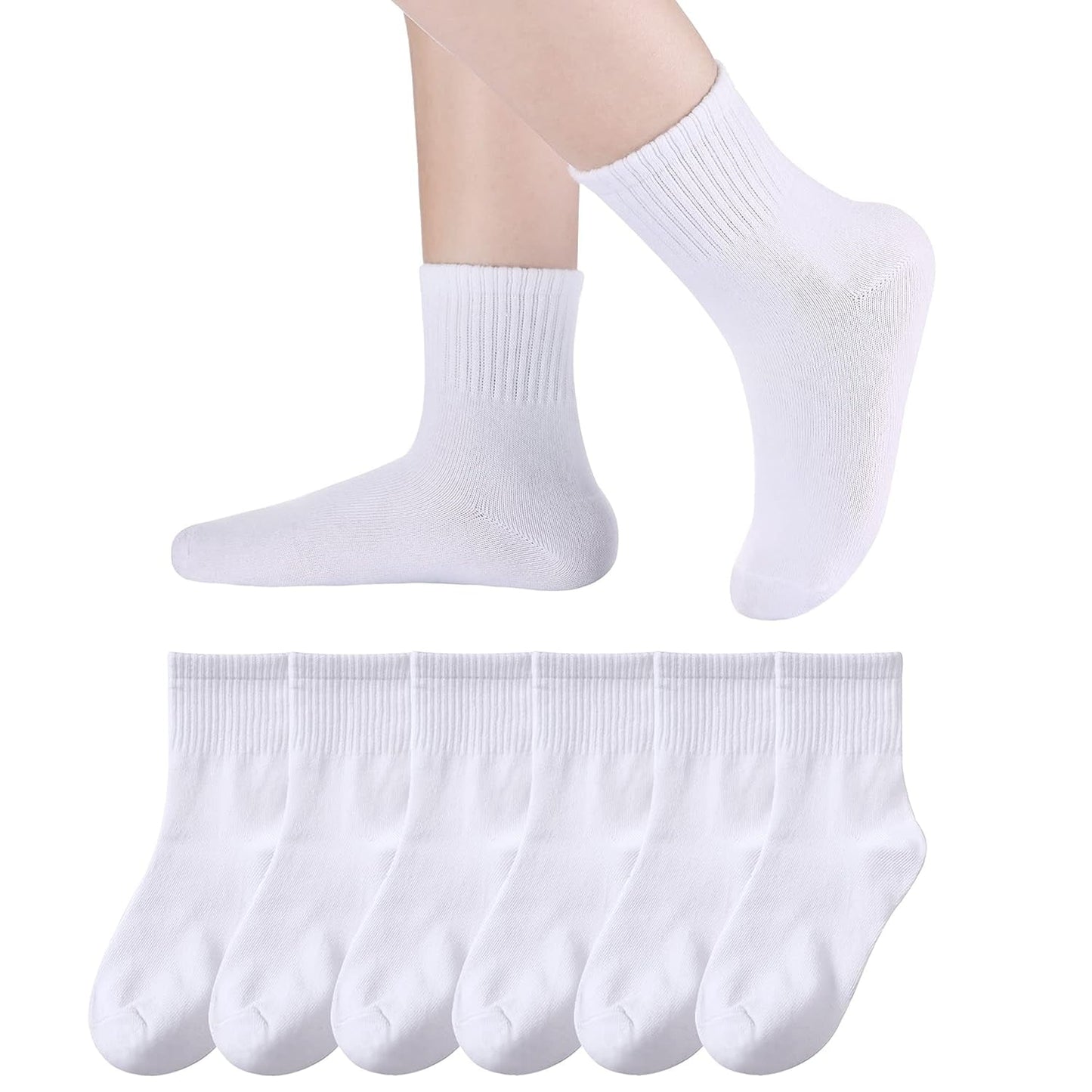 Holzlrgus Kids Athletic Crew Socks Boys Girls Cotton School Uniform Casual Basic Socks 6 Pairs 9 - 12 Years White