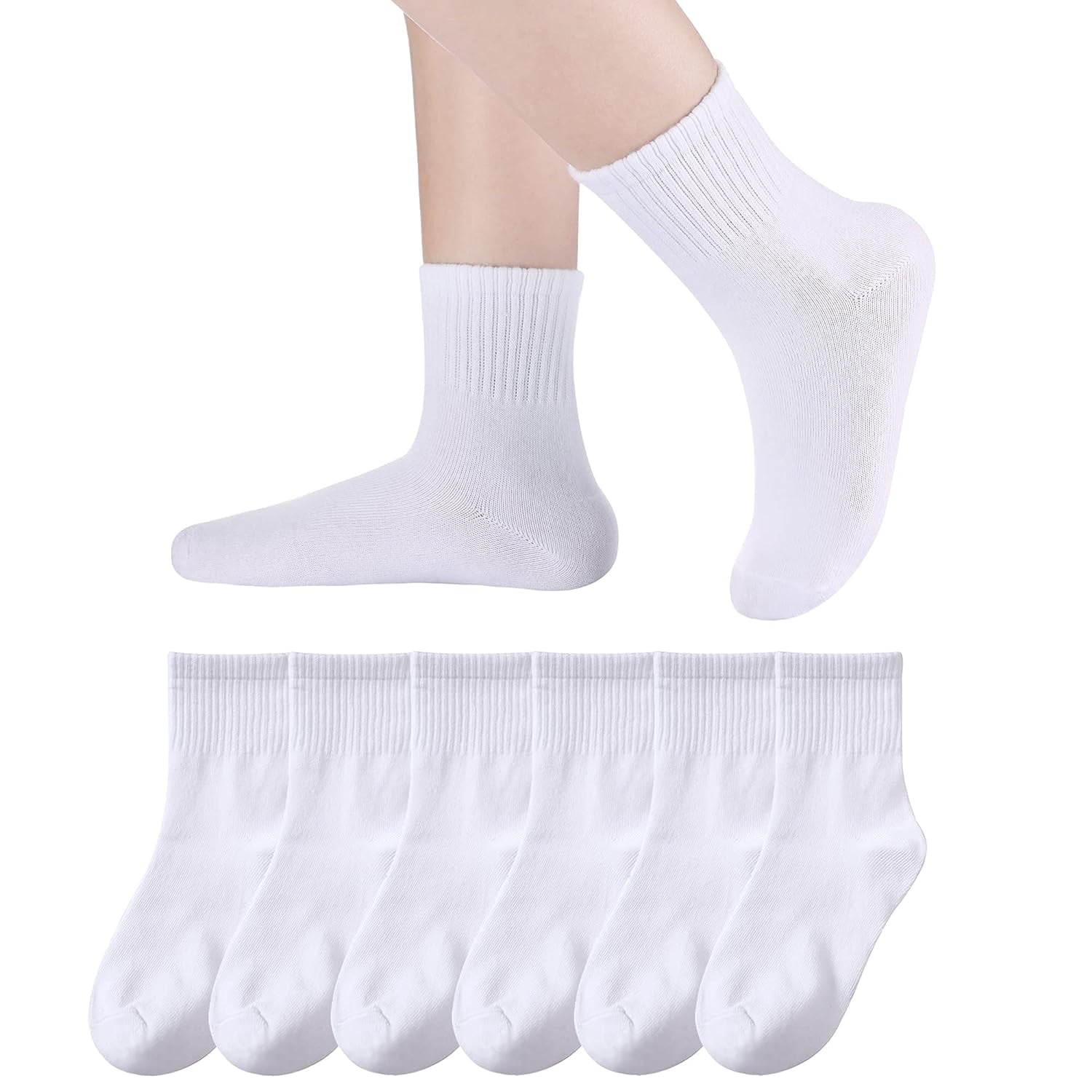 Holzlrgus Kids Athletic Crew Socks Boys Girls Cotton School Uniform Casual Basic Socks 6 Pairs 9 - 12 Years White