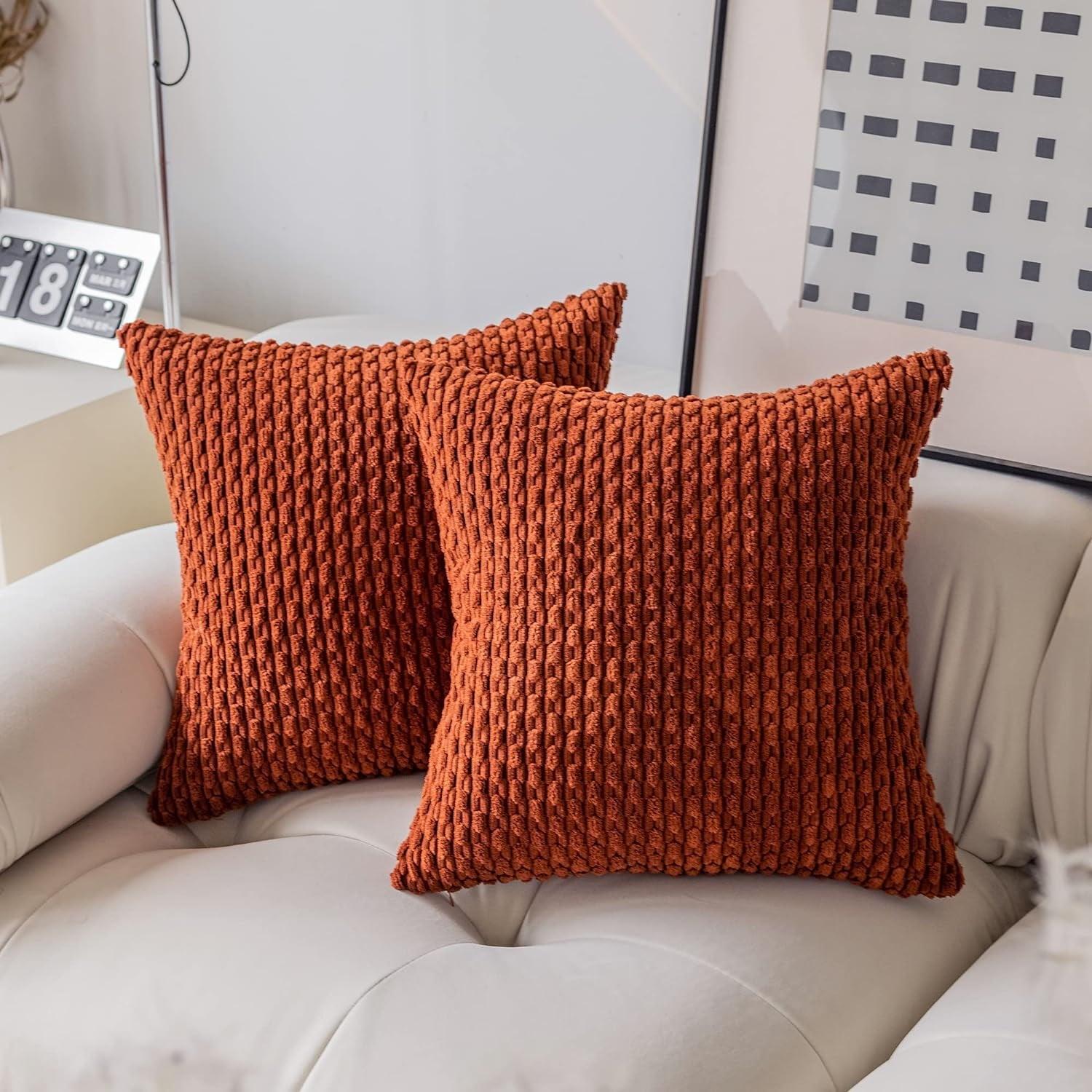 Holzlrgus Fall Set of 2 Striped Textured Velvet Corduroy Decorative Europe Sham Seasonal Autumn Throw Pillow Cushion Cover for Couch, (60x60 cm, 24inch) 22 x 22-Inch Burnt Brick