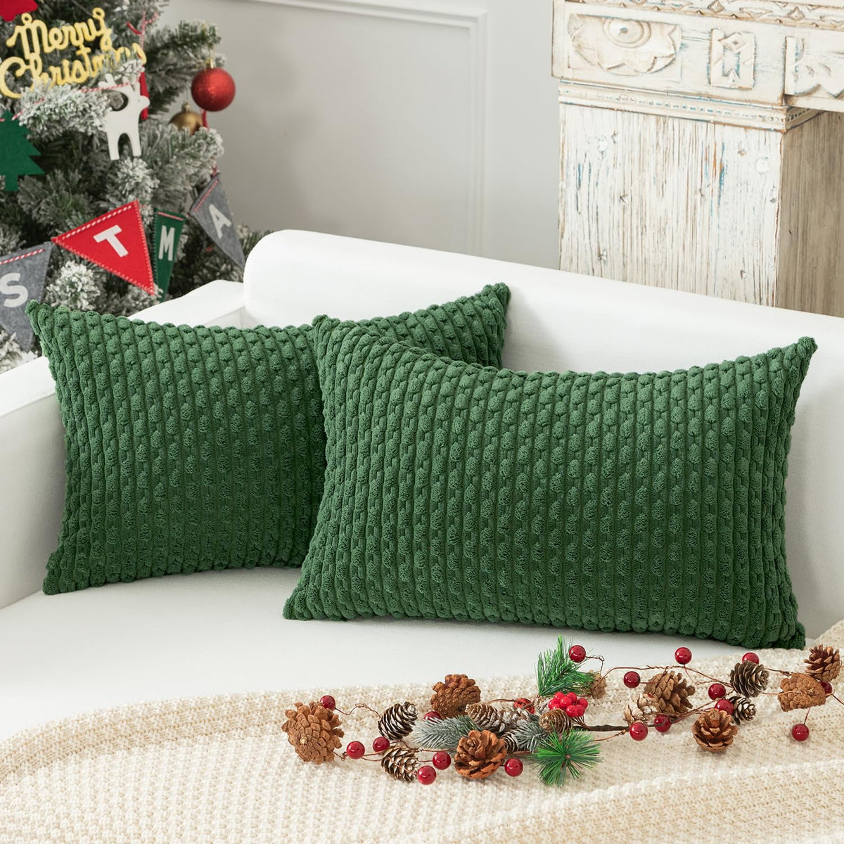 Holzlrgus Fall Set of 2 Striped Textured Velvet Corduroy Decorative Europe Sham Seasonal Autumn Throw Pillow Cushion Cover for Couch, (60x60 cm, 24inch), Burnt Brick 22 x 22-Inch Dark Green