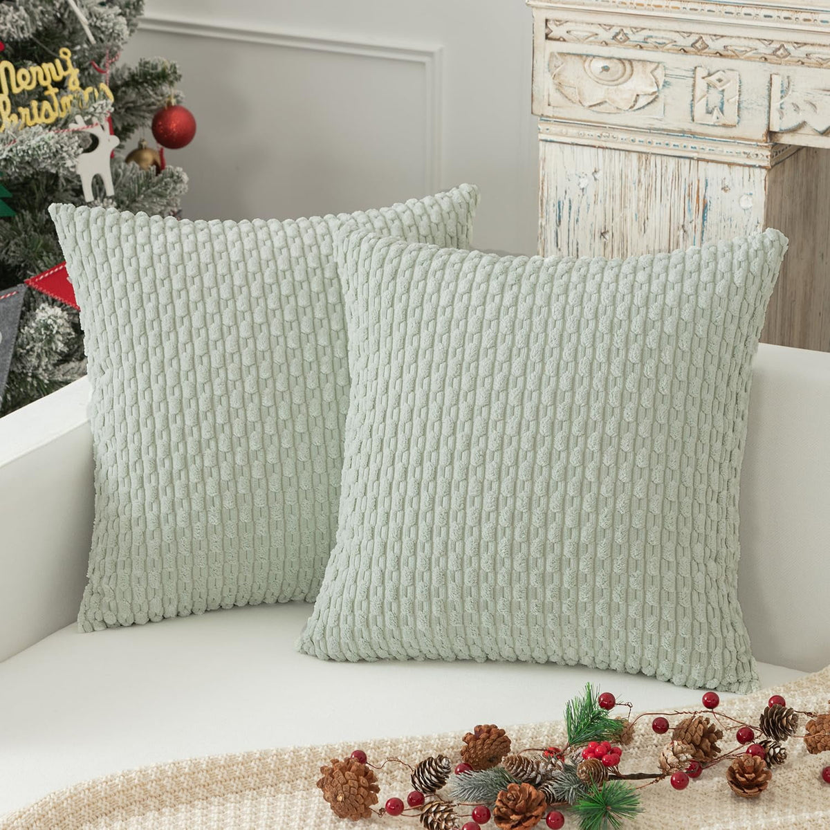 Holzlrgus Fall Set of 2 Striped Textured Velvet Corduroy Decorative Europe Sham Seasonal Autumn Throw Pillow Cushion Cover for Couch, (60x60 cm, 24inch), Burnt Brick 22 x 22-Inch Light Green