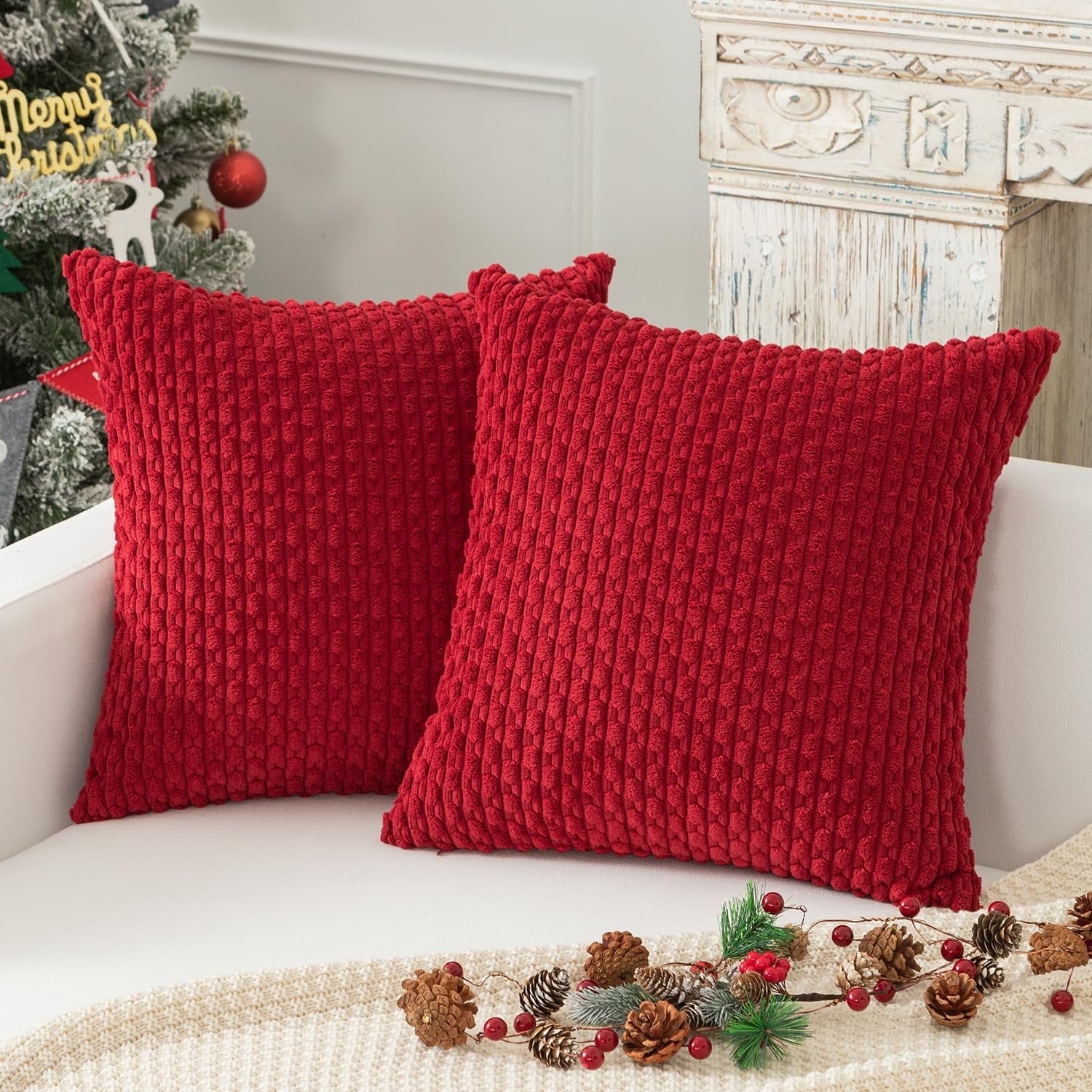 Holzlrgus Fall Set of 2 Striped Textured Velvet Corduroy Decorative Europe Sham Seasonal Autumn Throw Pillow Cushion Cover for Couch, (60x60 cm, 24inch), Burnt Brick 22 x 22-Inch Red