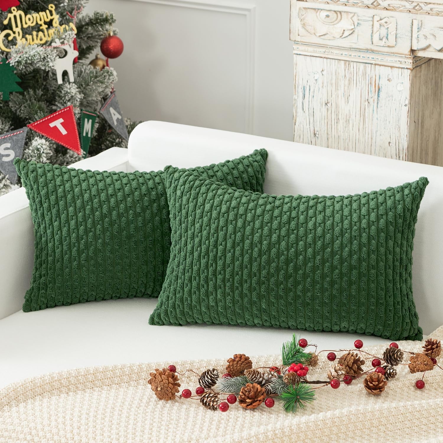 Holzlrgus Fall Set of 2 Striped Textured Velvet Corduroy Decorative Europe Sham Seasonal Autumn Throw Pillow Cushion Cover for Couch, (60x60 cm, 24inch), Burnt Brick 12 x 20-Inch Sage Green