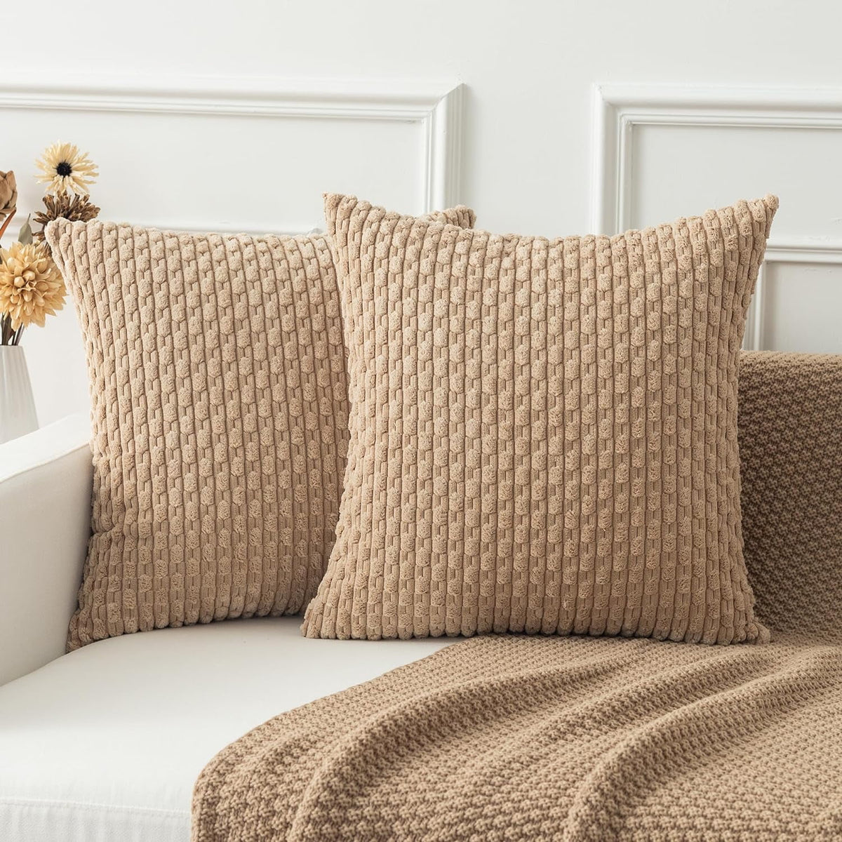 Holzlrgus Fall Set of 2 Striped Textured Velvet Corduroy Decorative Europe Sham Seasonal Autumn Throw Pillow Cushion Cover for Couch, (60x60 cm, 24inch), Burnt Brick 22 x 22-Inch Tan