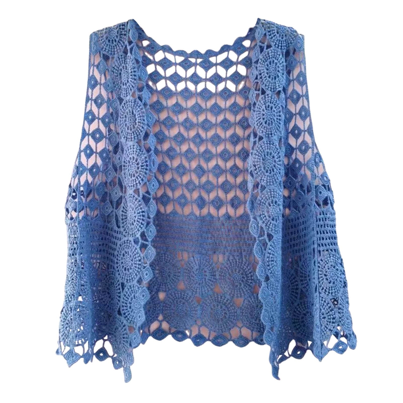 Women Vest Women's Sleeveless Knitted Hollow Vest Retro Crochet Cardigan for Summer Spring Autumn Sleeveless Cardigan One Size Blue