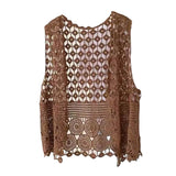 Women Vest Women's Sleeveless Knitted Hollow Vest Retro Crochet Cardigan for Summer Spring Autumn Sleeveless Cardigan One Size Coffee