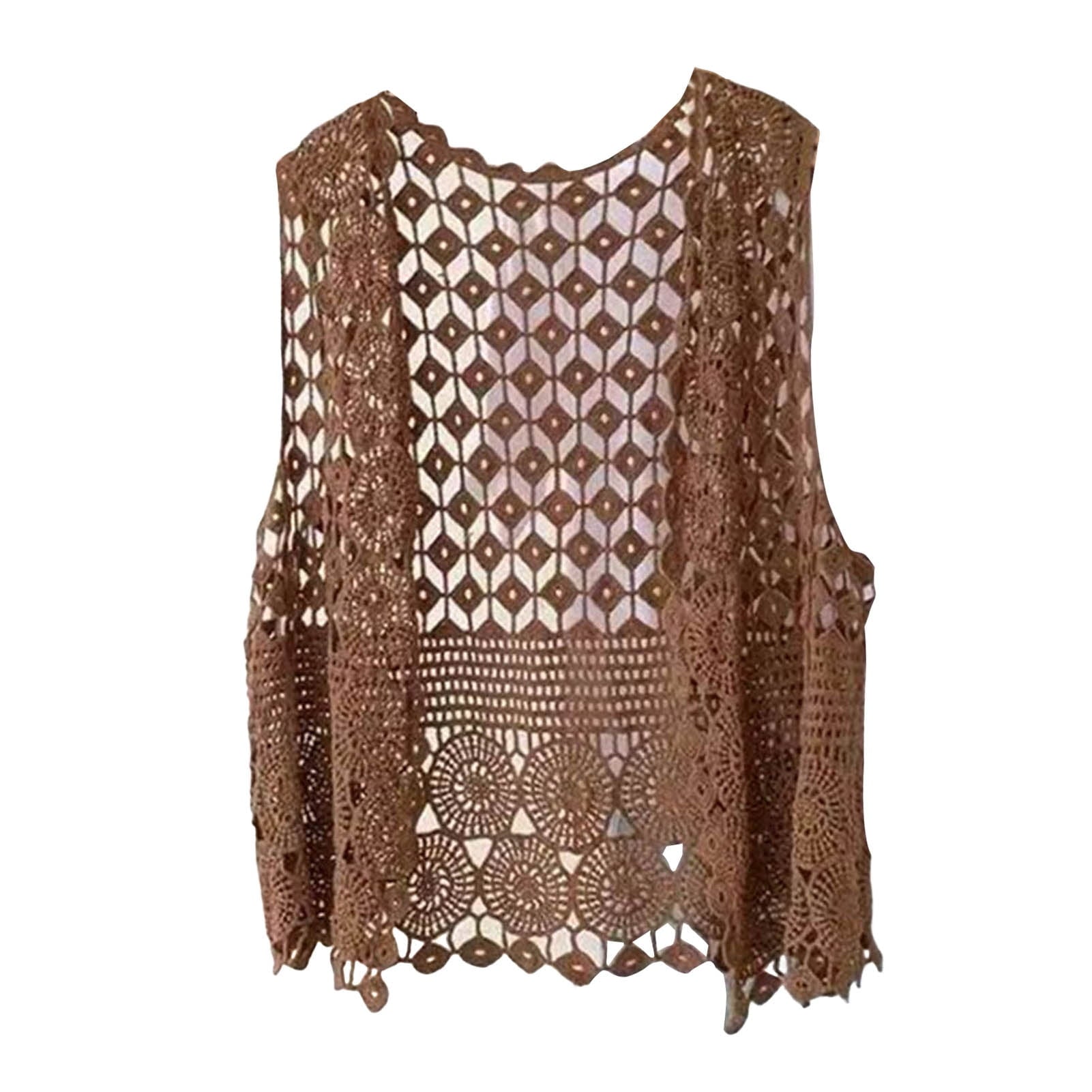 Women Vest Women's Sleeveless Knitted Hollow Vest Retro Crochet Cardigan for Summer Spring Autumn Sleeveless Cardigan One Size Coffee