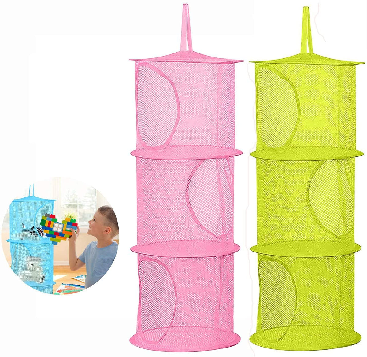 2 Pcs Hanging Mesh Stuffed Animal Storage Hammock Net, Foldable Toy Storage Organizer 3 Compartments Net for Stuffed Animals Corner for Boys, Girls, Gloves, Hats, Socks Pink-green