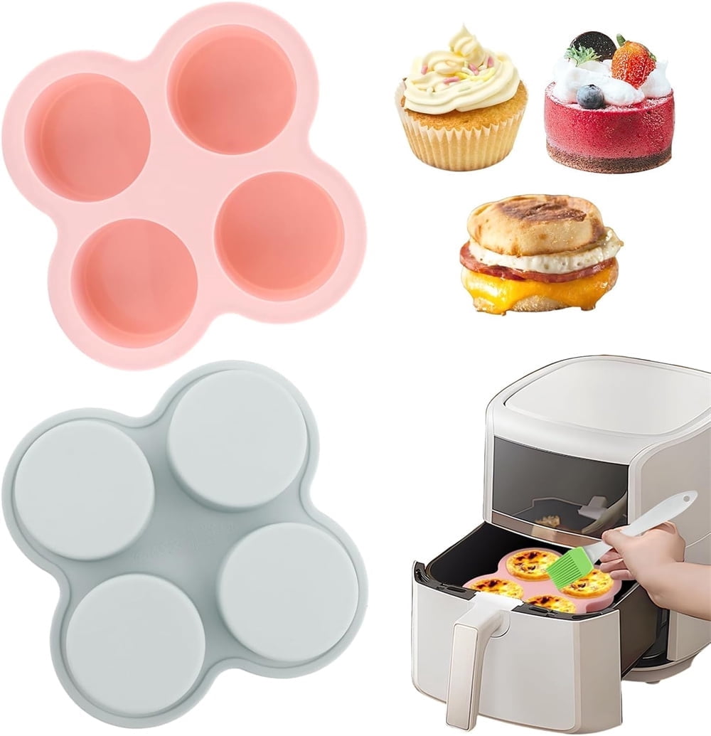 Tutuviw 2Pcs Reusable Silicone Air Fryer Egg Mold Cupcake and Muffin Pan Non-Stick Air Fryer Baking Pan 4 Cavity Silicone Muffin Pans Muffin Cups for Baking(Blue+Pink)