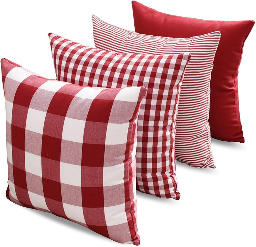 Light Blue Farmhouse Buffalo Plaid Pillow Covers 18x18 Set of 2 Patio Outdoor Decor Neutral Checkered Pillow Covers 18 x 18, Blue and White Gingham Pinstripe 18"x18", Set of 2 Burgundy