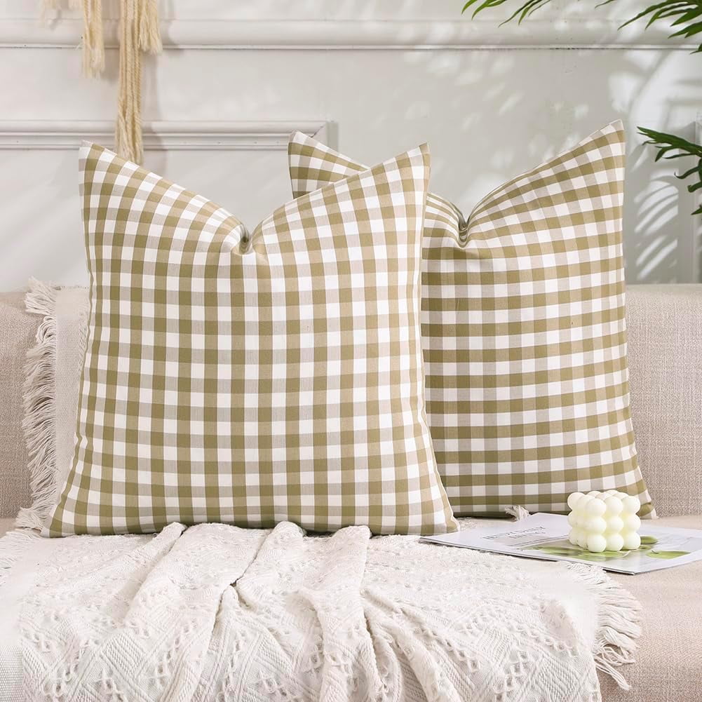 Light Blue Farmhouse Buffalo Plaid Pillow Covers 18x18 Set of 2 Patio Outdoor Decor Neutral Checkered Pillow Covers 18 x 18, Blue and White Gingham Plaid Gingham 18"x18", Set of 2 Greyish Green