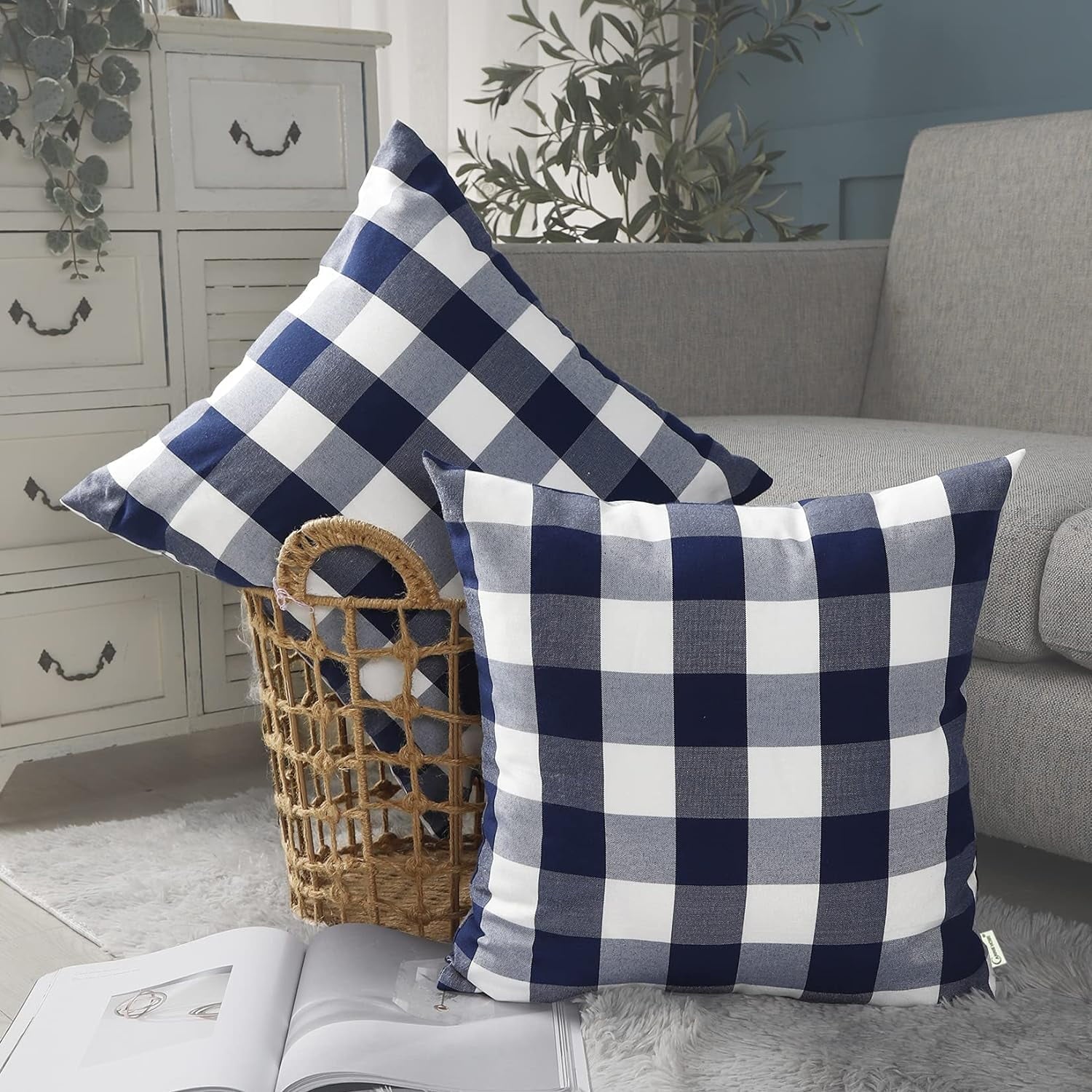 Light Blue Farmhouse Buffalo Plaid Pillow Covers 18x18 Set of 2 Patio Outdoor Decor Neutral Checkered Pillow Covers 18 x 18, Blue and White Gingham Plaid Check 18"x18", Set of 2 Khaki