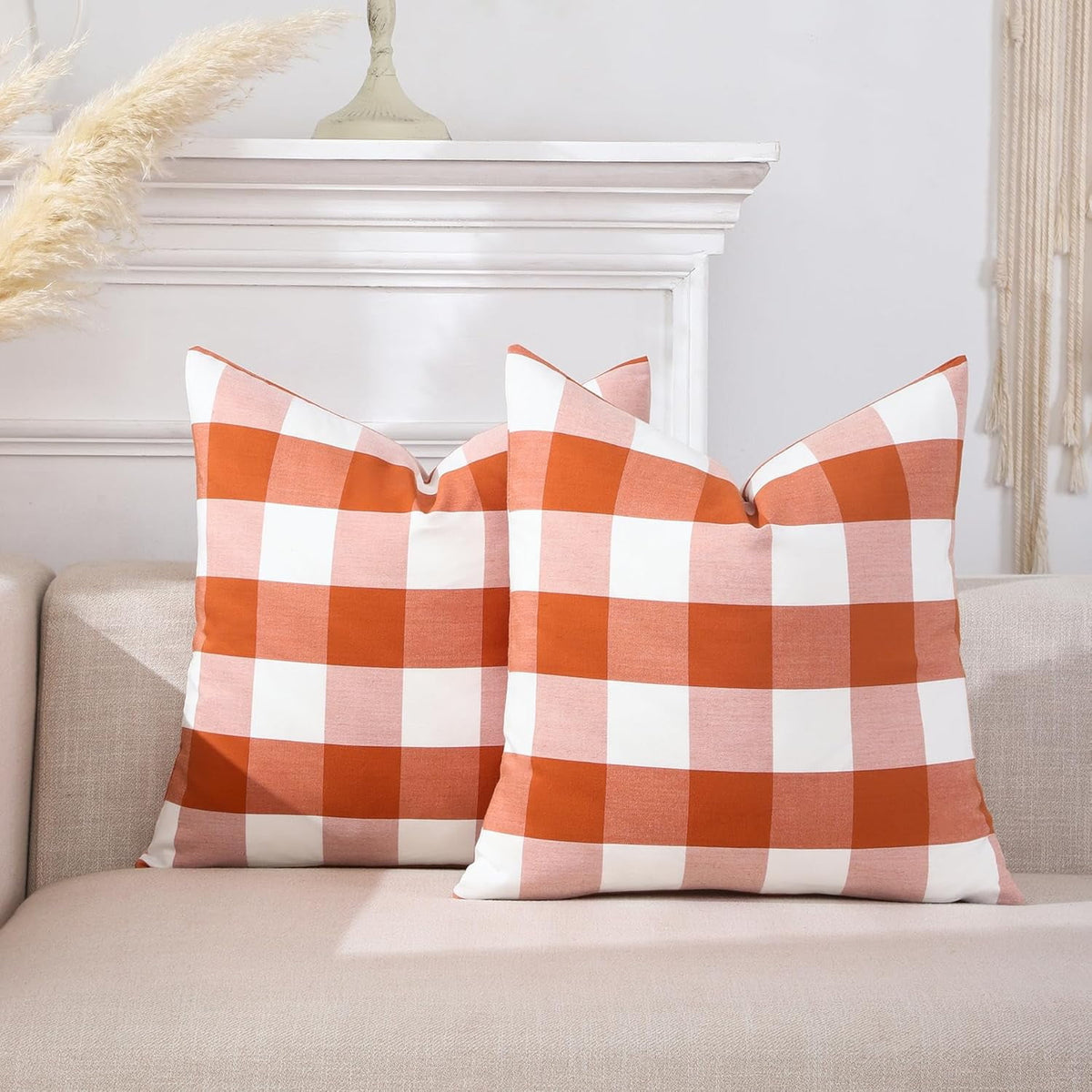 Light Blue Farmhouse Buffalo Plaid Pillow Covers 18x18 Set of 2 Patio Outdoor Decor Neutral Checkered Pillow Covers 18 x 18, Blue and White Gingham Pinstripe 18"x18", Set of 2 Orange