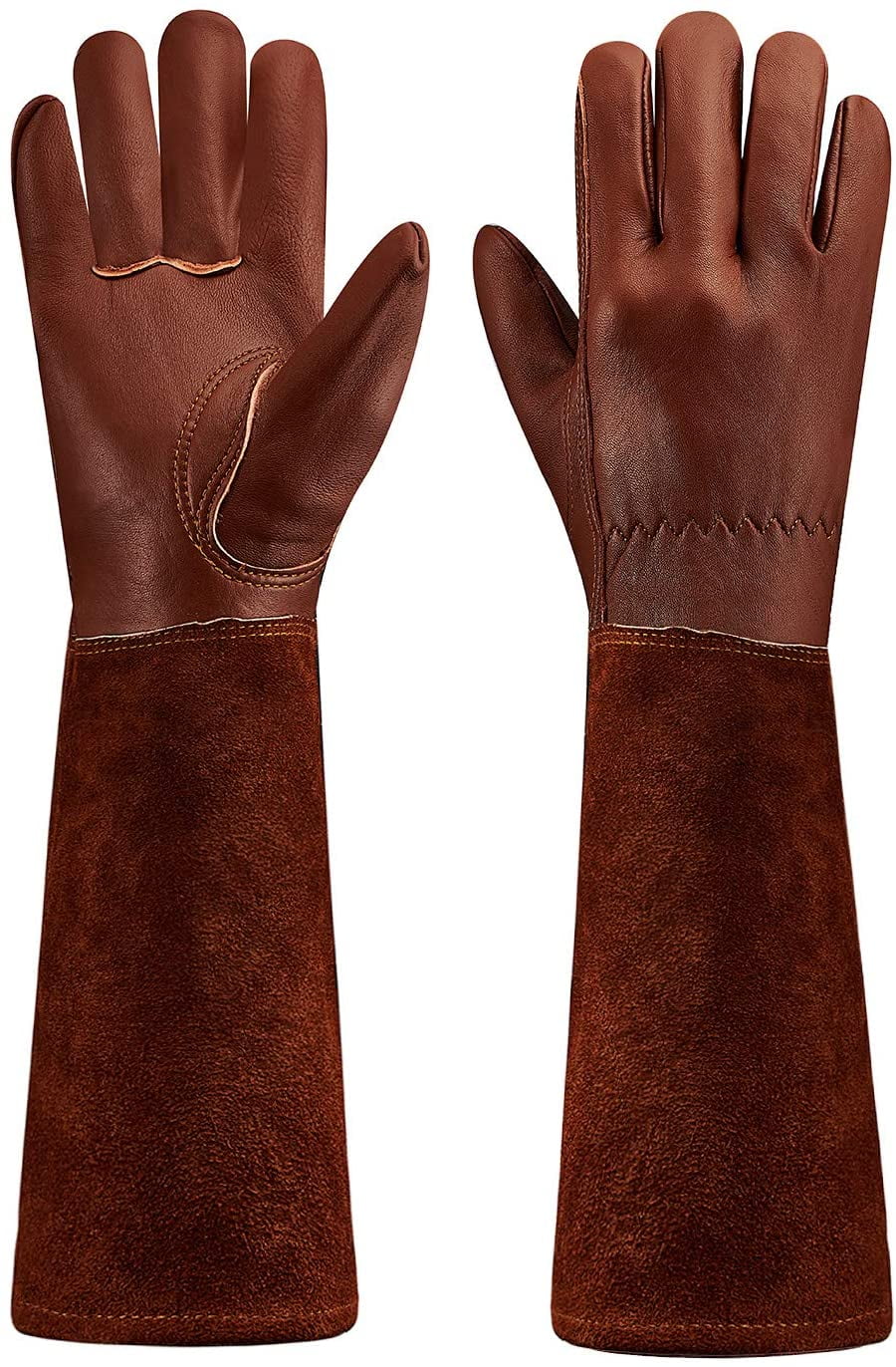 SUCCLACE Long-Gardening-Gloves for Women/Men - Thorn Proof Cowhide Leather Rose/Blackberry Pruning Heavy Duty Gloves Thick Palm Gauntlet Garden Work Gloves with Forearm Protection (Brown-Small) L Brown