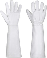 SUCCLACE Long-Gardening-Gloves for Women/Men - Thorn Proof Cowhide Leather Rose/Blackberry Pruning Heavy Duty Gloves Thick Palm Gauntlet Garden Work Gloves with Forearm Protection (Brown-Small) M White