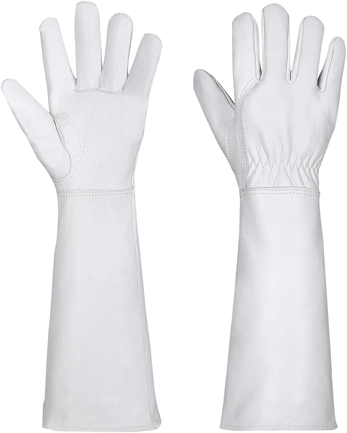 SUCCLACE Long-Gardening-Gloves for Women/Men - Thorn Proof Cowhide Leather Rose/Blackberry Pruning Heavy Duty Gloves Thick Palm Gauntlet Garden Work Gloves with Forearm Protection (Brown-Small) M White