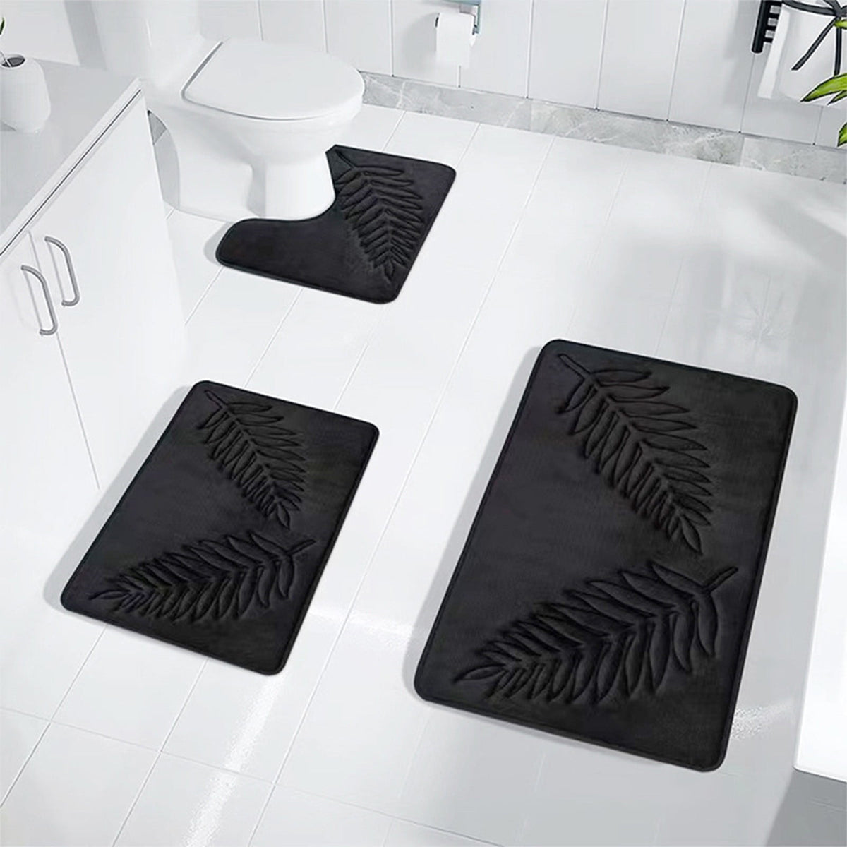 Summercome 3 Pcs Bathroom Rugs, Leaves Bath Mat Toilet Mats, Soft Comfortable Non-Slip Bathroom Rug Set, Bath Mats for Bathroom, Machine Washable Bath Mat Bathroom Rug Sets, 20x31.5in, Black 3pc Navy