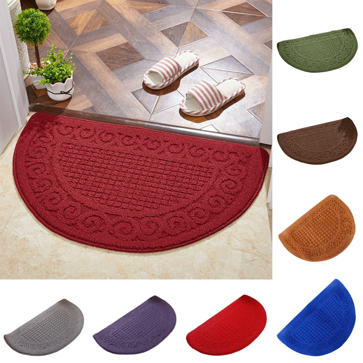 sunsanly Doormat Semi-Circle Shape Anti-slip Absorbs Moisture And Dirt Wear-resistant Indoor Entrance Door Mat Living Room Kitchen Bathroom Entryway Carpet 1pc Jujube Red