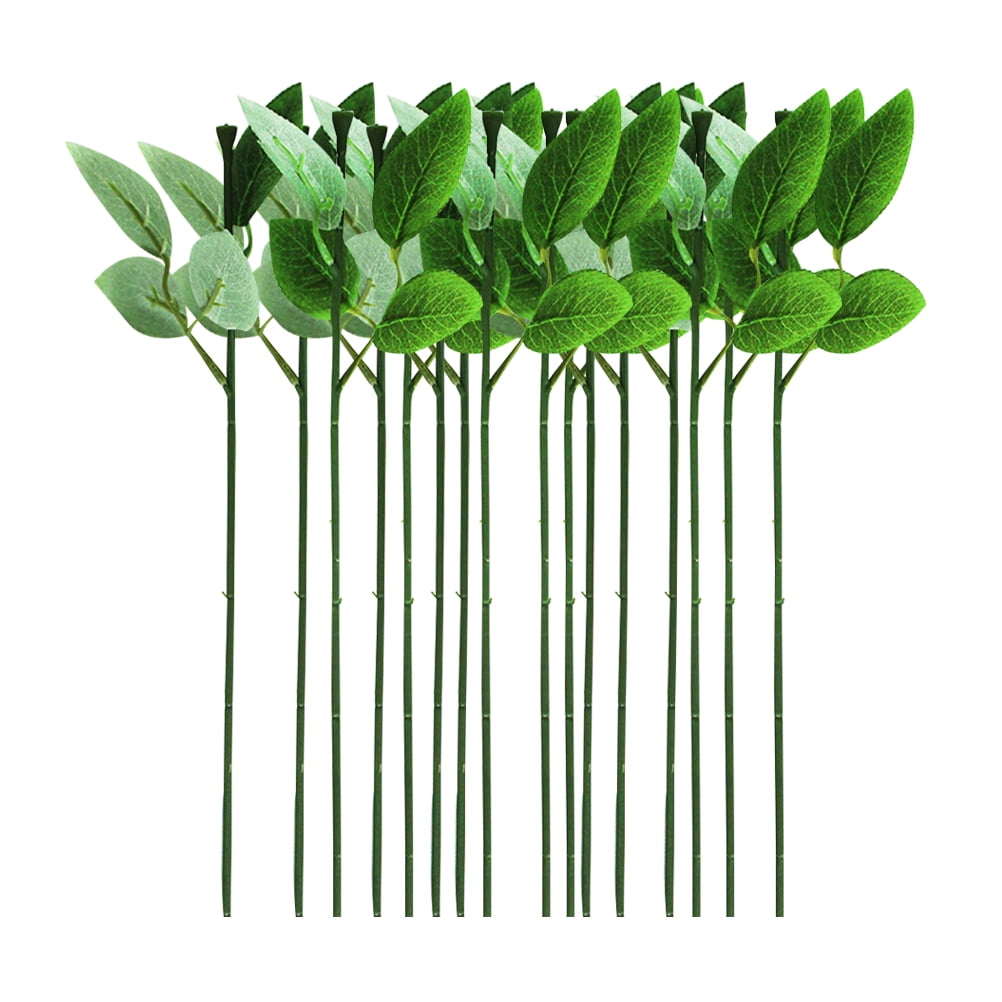 HOOWIFFY 30 Pcs Green Rose Stems with Leaves Floral Wire for Flower Arrangement and Craft Decoration