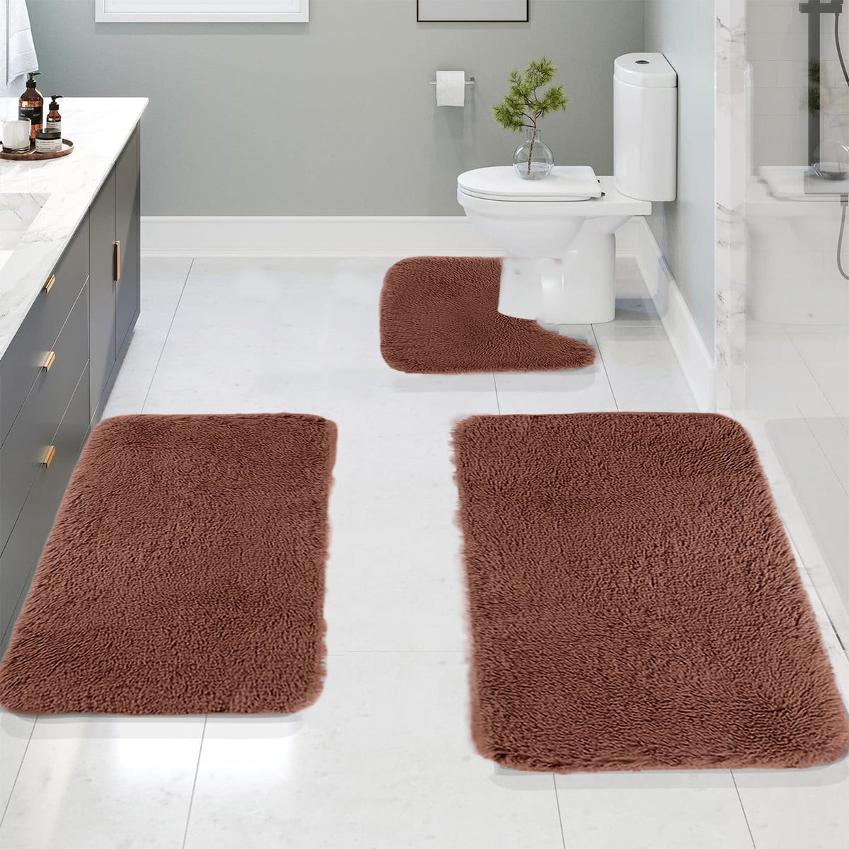Chmadoxn Solid Color Bathroom Rugs Sets, 3 Piece Ultra Soft Non-Slip Bath Rugs and Mats Set, Super Absorbent Soft Washable Bathroom Carpets, Plush Bathroom Mats, Toilet Rug Set of 3 Brown 1