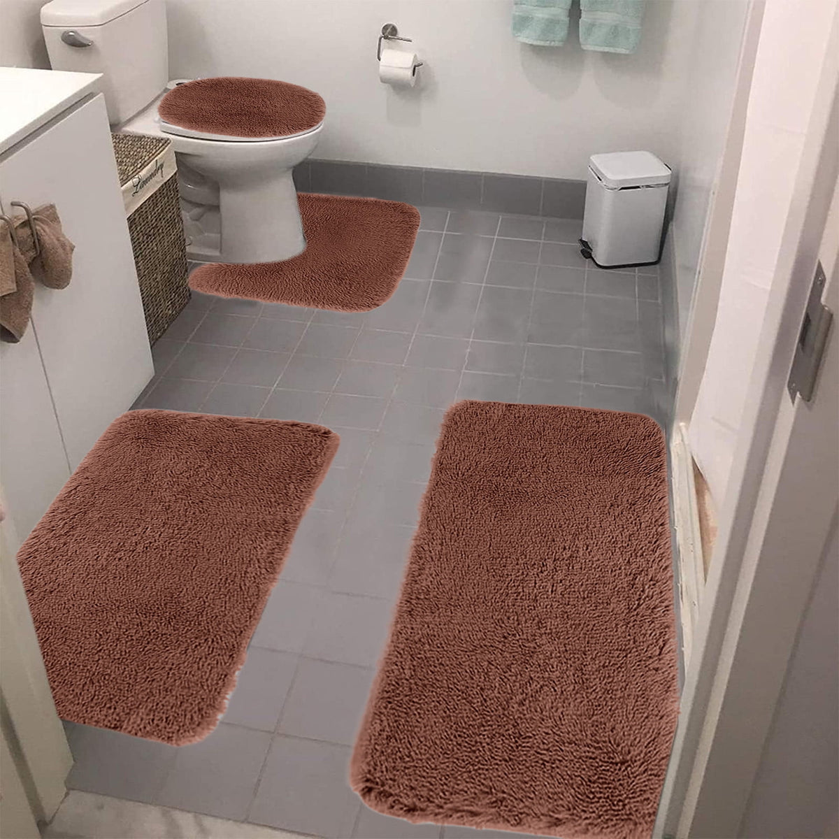 Chmadoxn Solid Color Bathroom Rugs Sets, 3 Piece Ultra Soft Non-Slip Bath Rugs and Mats Set, Super Absorbent Soft Washable Bathroom Carpets, Plush Bathroom Mats, Toilet Rug Set of 4 Red