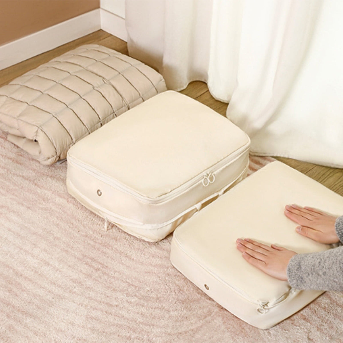 Chmadoxn Ultra Space Saving Self Compression Organizer Bags, Comforter Storage Bag, Compression Bags for Storage, Large Moving Bags, Compression Organizer for Blankets,Comforter,Down Jacket 40x30x18cm/15.75x11.81x7.09in P-ink,Beige,Gray,Blue,Black