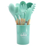 Chmadoxn 12 Pcs Silicone Cooking Kitchen Utensils Set with Holder, Wooden Handles Cooking Tool, Turner Pliers Spatula Spoon Kitchen Gadget Suit for Non-Stick Cookware, Women's Gifts 13×4 in Purple
