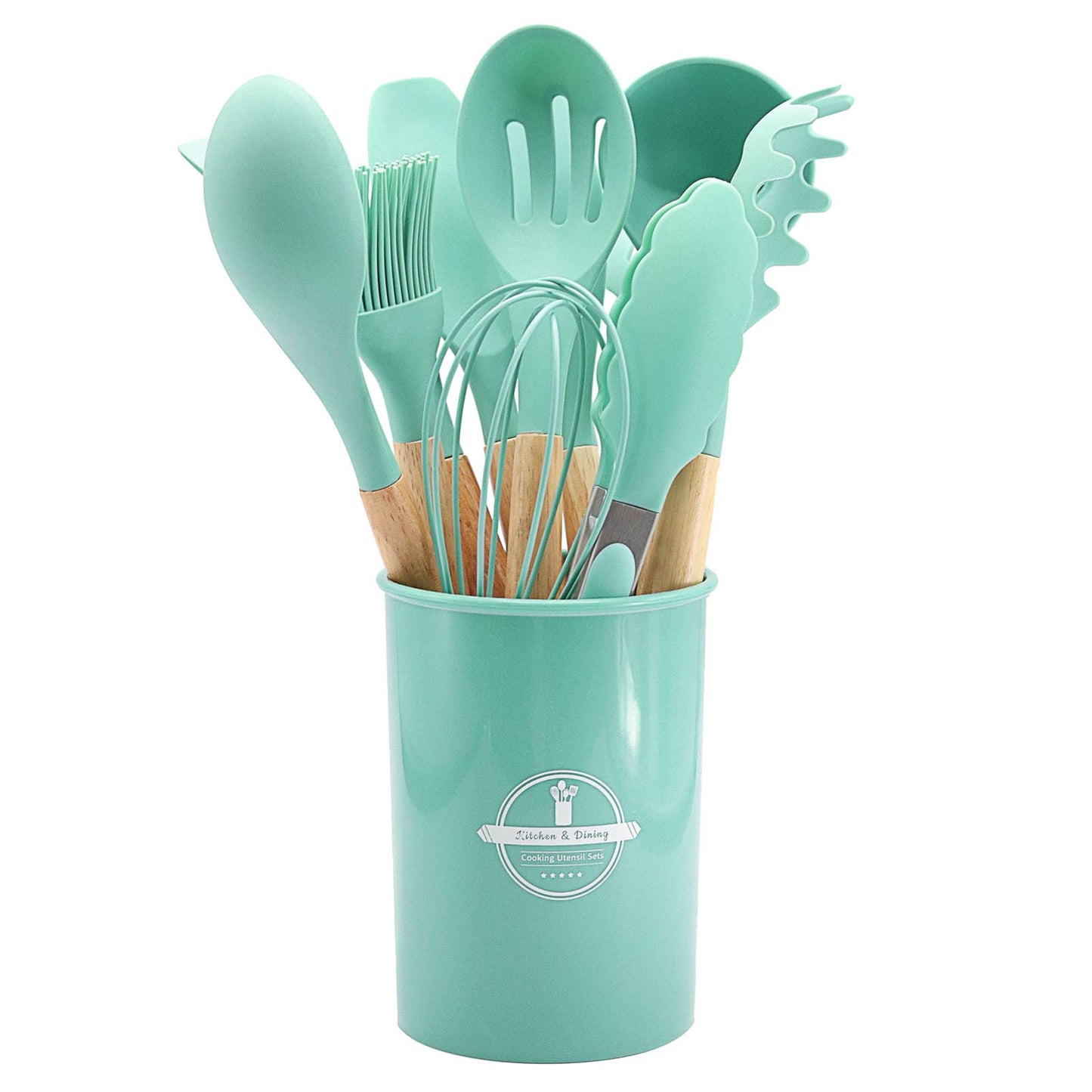 Chmadoxn 12 Pcs Silicone Cooking Kitchen Utensils Set with Holder, Wooden Handles Cooking Tool, Turner Pliers Spatula Spoon Kitchen Gadget Suit for Non-Stick Cookware, Women's Gifts 13×4 in White