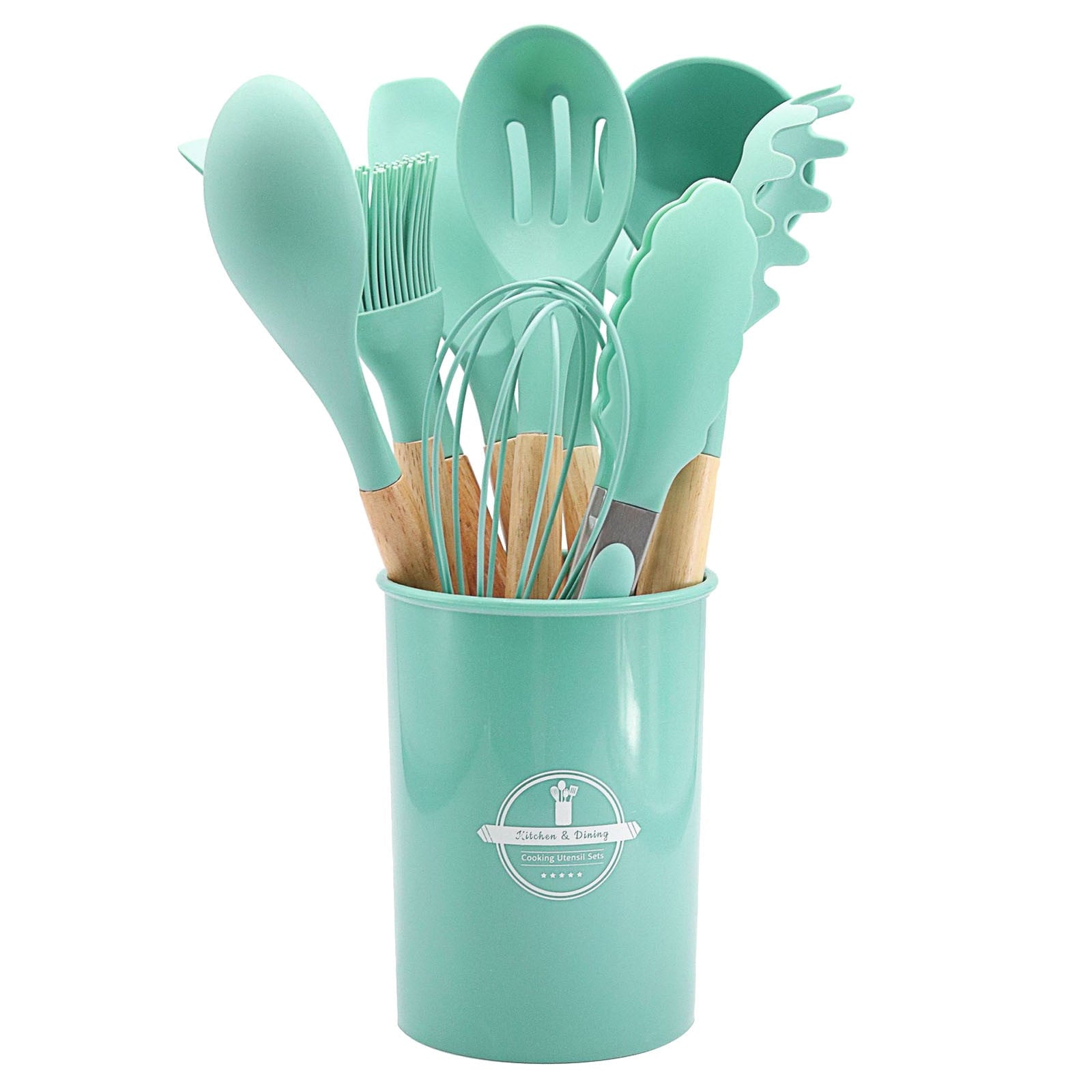 Chmadoxn 12 Pcs Silicone Cooking Kitchen Utensils Set with Holder, Wooden Handles Cooking Tool, Turner Pliers Spatula Spoon Kitchen Gadget Suit for Non-Stick Cookware, Women's Gifts 13×4 in White