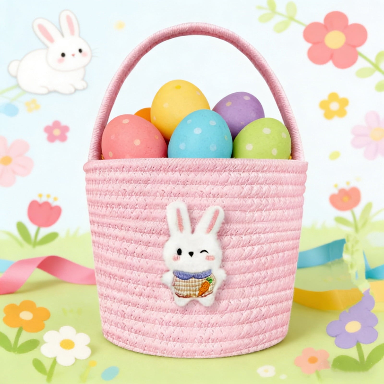 Darzheoy Easter Basket for Boys Girls Easter Bunny Basket with Rabbit Ears, Easter Egg Hunting Basket Easter Baskets for Kids Babies First Easter Gifts E