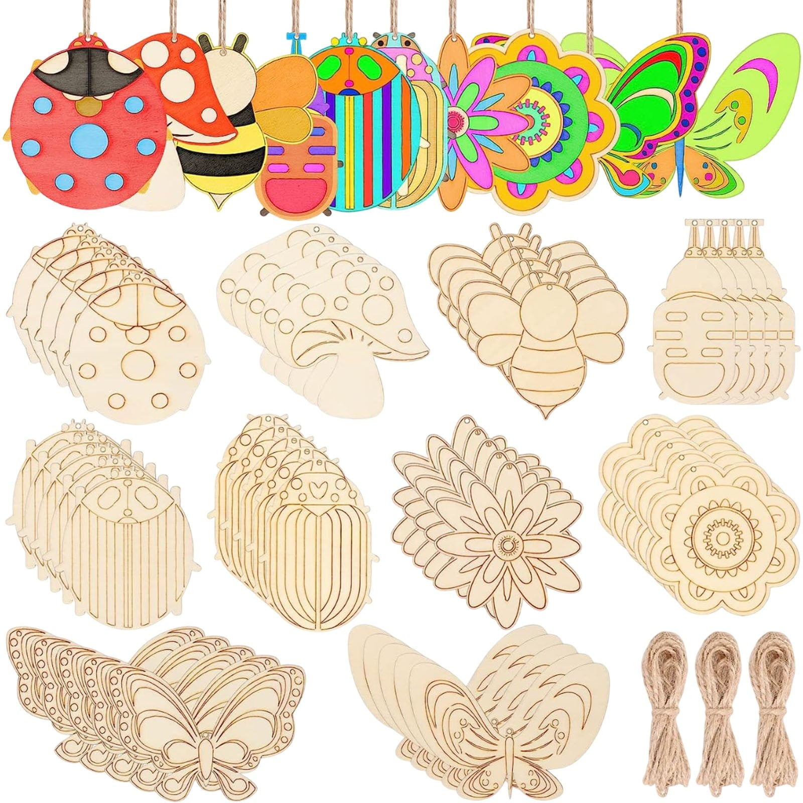 Darzheoy 60Pcs Wood Cutouts Ornaments for Crafts Butterfly Flower Unfinished Wooden Slices DIY Paint Crafts Blank Hanging Embellishment for Painting Spring Holiday Party Supplies Beige