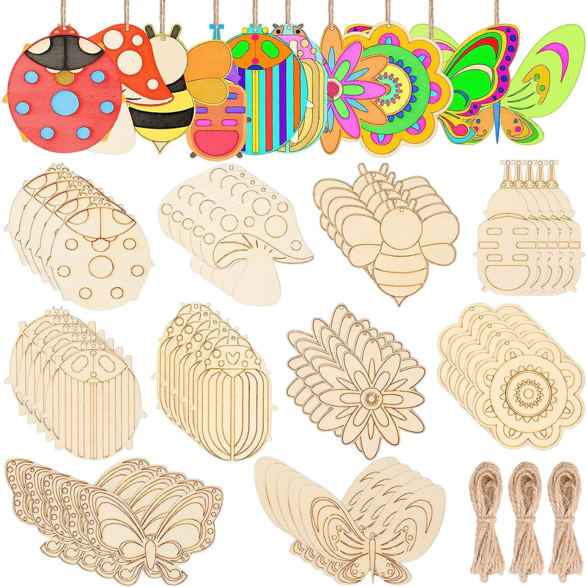 Darzheoy 60Pcs Wood Cutouts Ornaments for Crafts Butterfly Flower Unfinished Wooden Slices DIY Paint Crafts Blank Hanging Embellishment for Painting Spring Holiday Party Supplies Beige