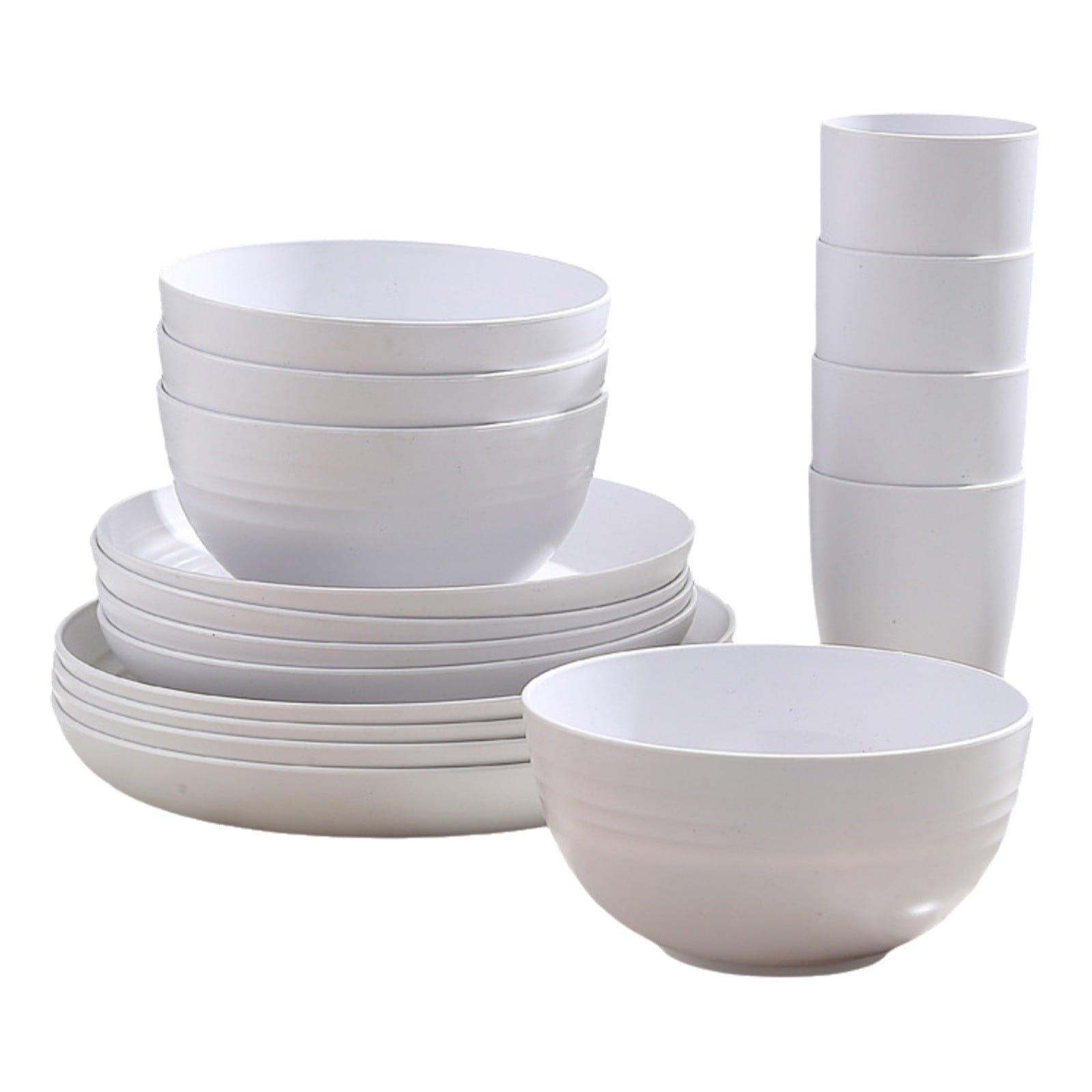 Darzheoy 16 Pieces Kitchen Dinnerware Set, Service for 8, Dinner Plates, Dessert Plate, Cereal Bowls, Cups, Colorful Plastic Outdoor Camping Dishes White
