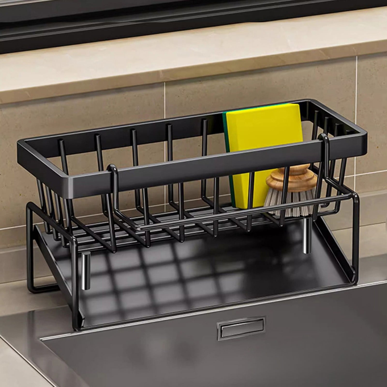 Darzheoy Sponge Holder for Kitchen Sink, Auto Draining Kitchen Sink Caddy, Rustproof Steel Dish Sponge Organizer with Removable Dishcloth Rack, Soap Dispenser Brush Holder X-Black