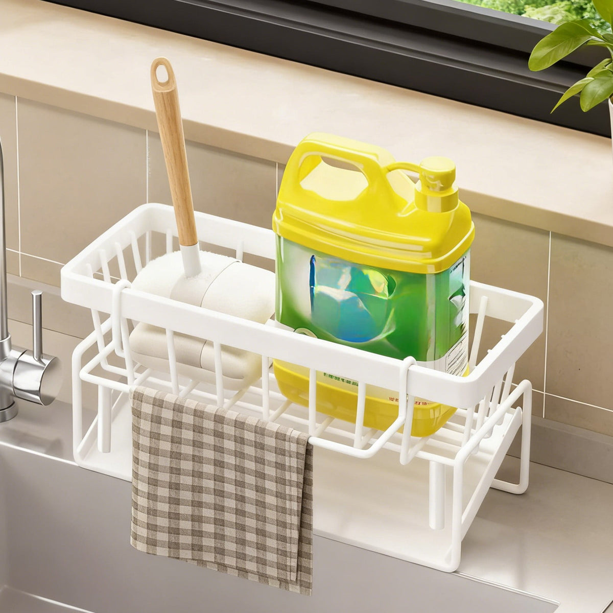 Darzheoy Sponge Holder for Kitchen Sink, Auto Draining Kitchen Sink Caddy, Rustproof Steel Dish Sponge Organizer with Removable Dishcloth Rack, Soap Dispenser Brush Holder X-White