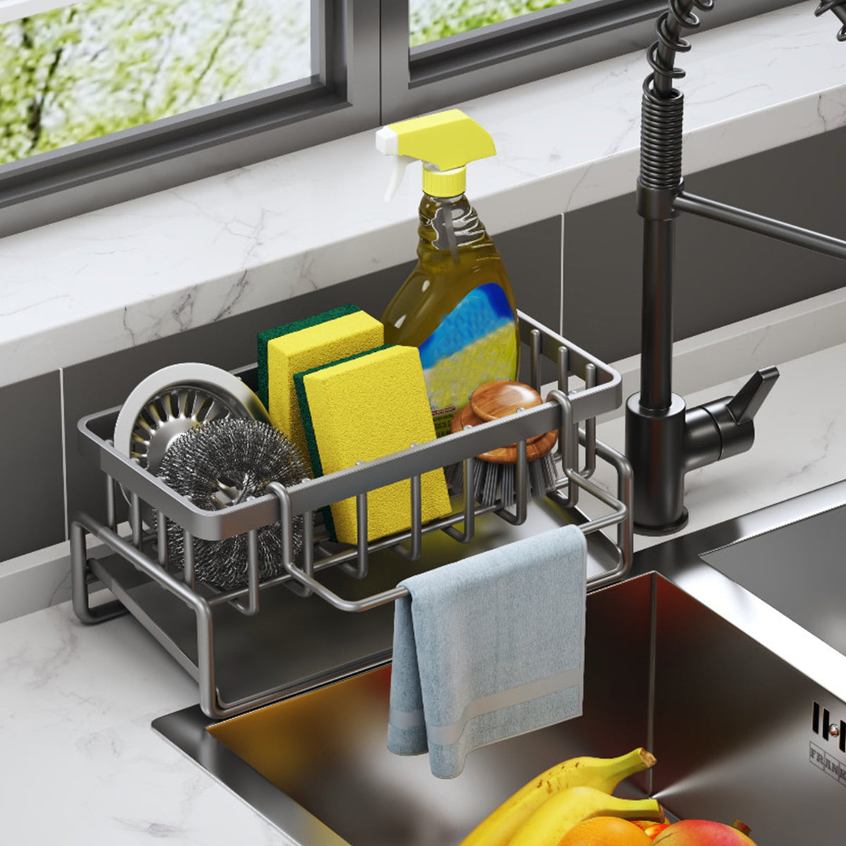 Kdkad Kitchen Sink Sponge Holder, Sponge Holder Kitchen Sink Caddy Organizer with Dish Brush Holder, Rustproof Stainless Steel Sink Sponge Holder with Auto-Draining Tray A
