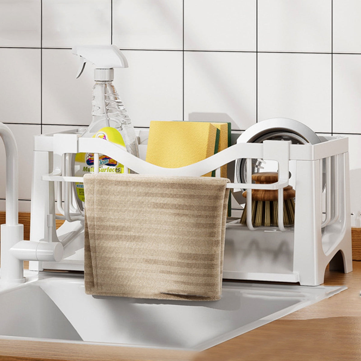 Kdkad Kitchen Sink Sponge Holder, Sponge Holder Kitchen Sink Caddy Organizer with Dish Brush Holder, Rustproof Stainless Steel Sink Sponge Holder with Auto-Draining Tray C