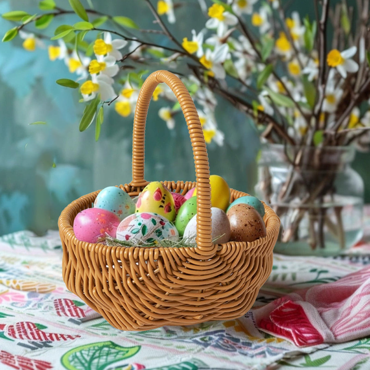 Chmadoxn Easter Basket, Handwoven Rattan Flower Basket for Bouquet, Home Decor & Wedding Centerpiece - Natural Woven Storage Basket with Handle, Serviceable & Lightweight Floral Display - Spring Decor