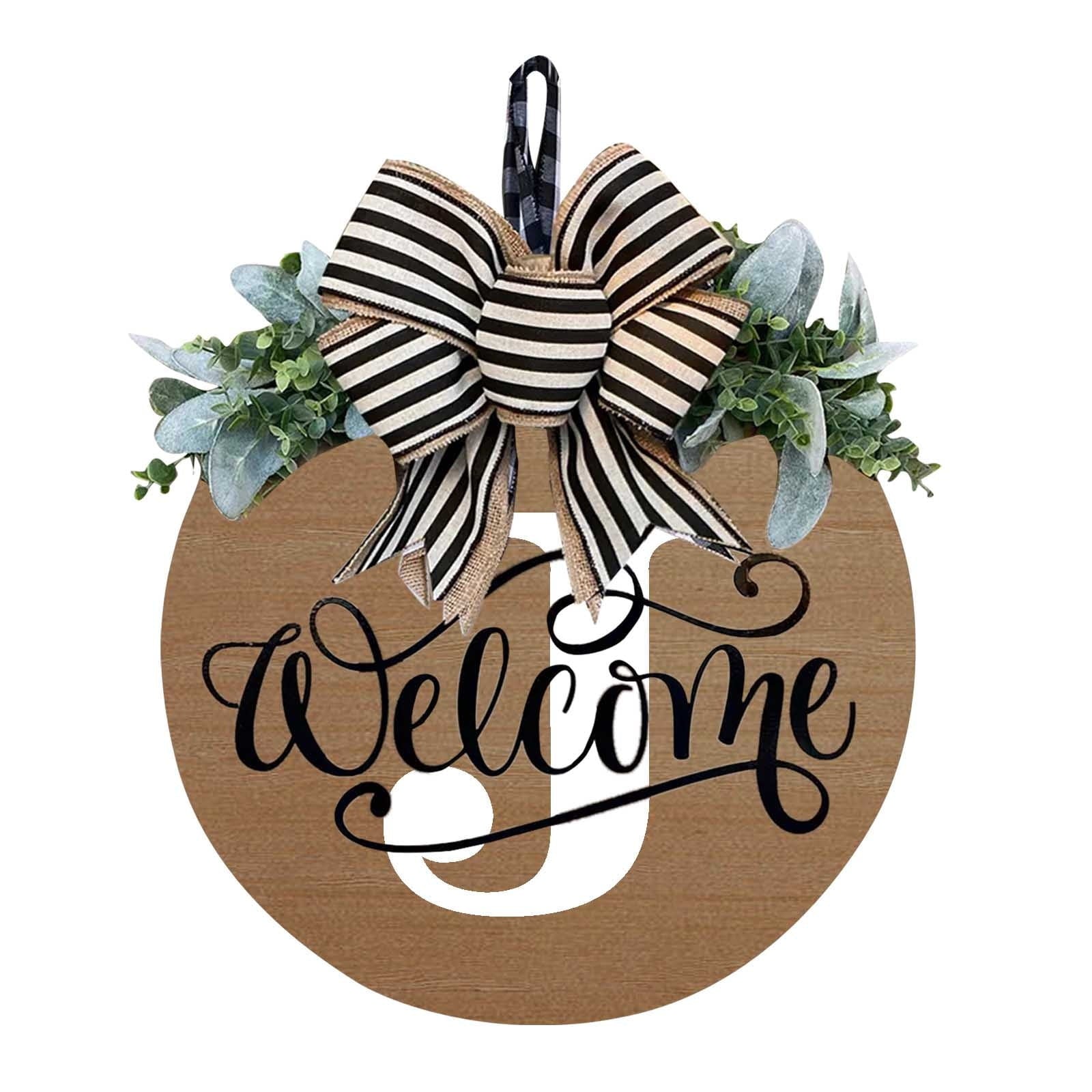 Darzheoy Initial Last Name Year Round Front Door Wreath, Welcome Sign Garland with Bow & Eucalyptus, Personalized Creative 26 Letter Farmhouse Wreath for All Seasons J