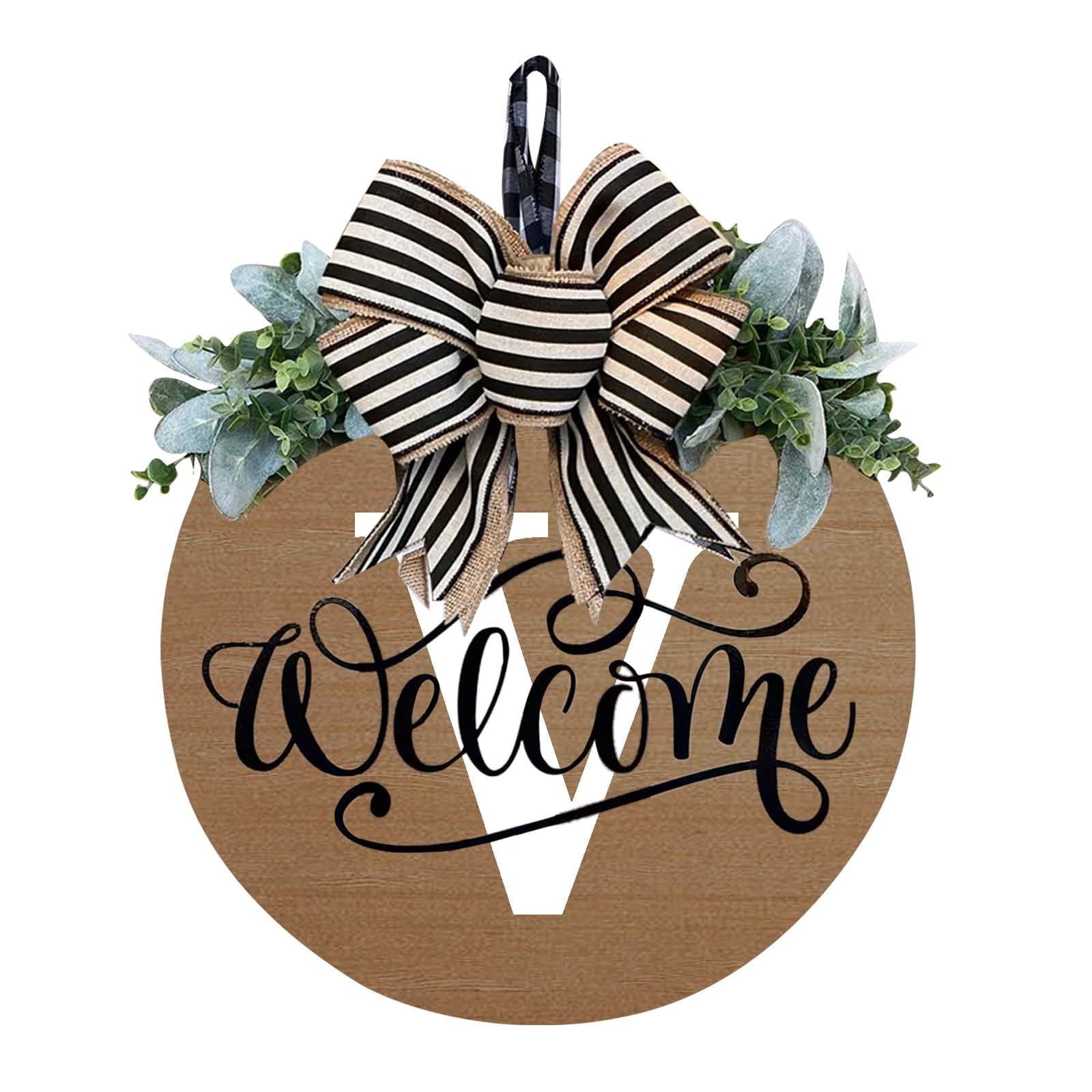 Darzheoy Initial Last Name Year Round Front Door Wreath, Welcome Sign Garland with Bow & Eucalyptus, Personalized Creative 26 Letter Farmhouse Wreath for All Seasons V