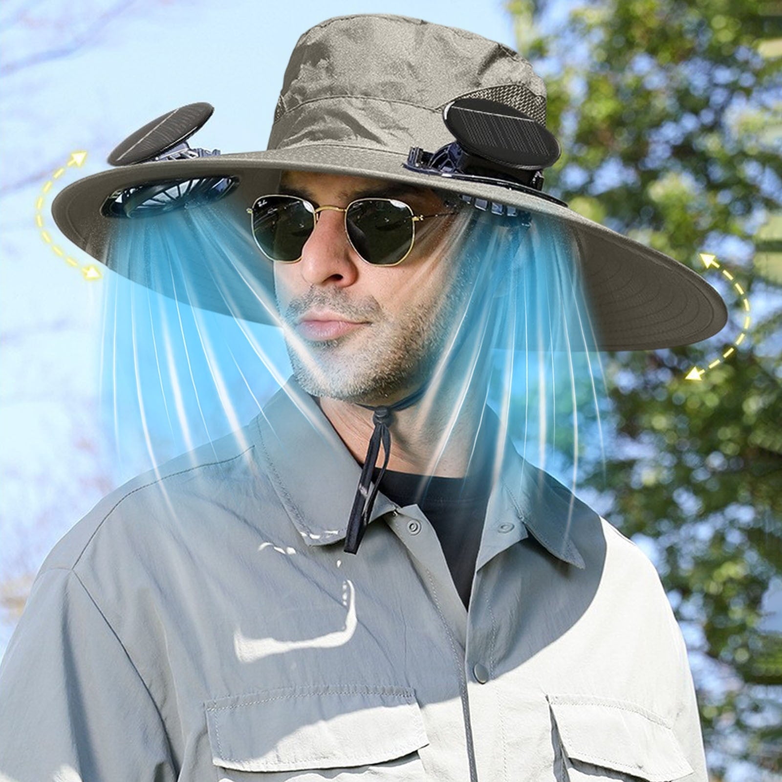 Darzheoy Solar Fan Hat Wide Brim Solar Fan Hat Outdoor Wide Brim Sun Hat with Solar Fan Fishing Hat, Removable & USB Charging Fan B-Gray