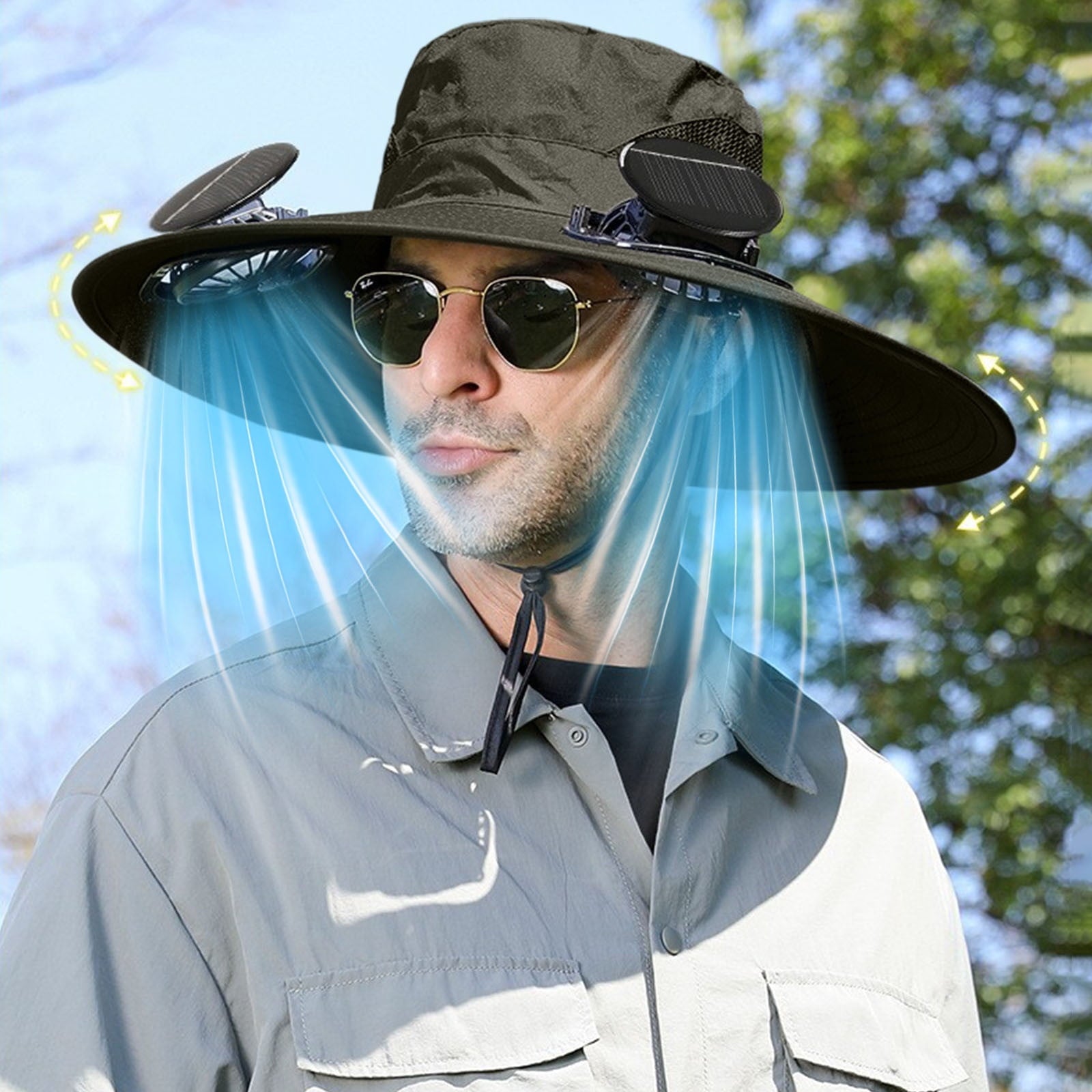Darzheoy Solar Fan Hat Wide Brim Solar Fan Hat Outdoor Wide Brim Sun Hat with Solar Fan Fishing Hat, Removable & USB Charging Fan B-Green